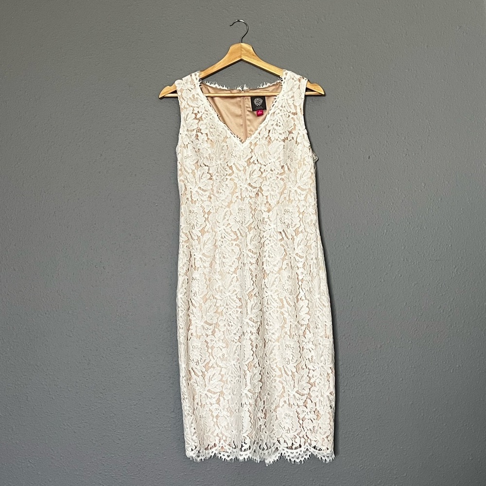 Vince Camuto, White Ivory Lace Dress with Beige Nude Lining, Sleeveless